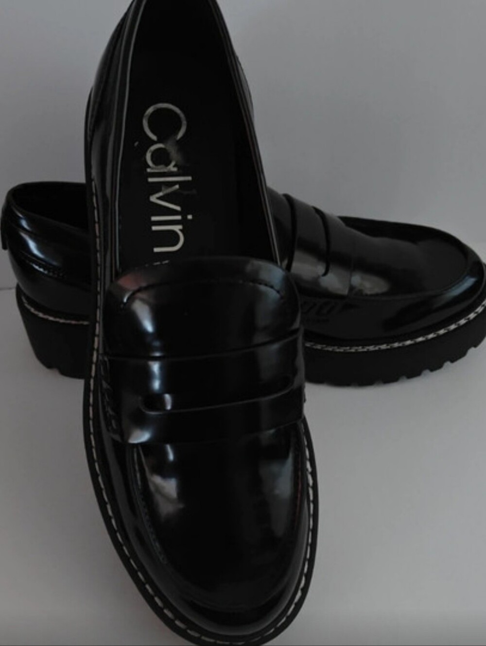 Calvin Klein Black Patent Leather Penny Loafers with Lug Sole